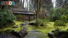 This photo provided by Portland Japanese Garden shows their Tea House as viewed from the Tea Garden after Rain. (Tyler Quinn/Portland Japanese Garden via AP)