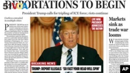 A portion of a satirical front page of the Boston Globe published on the newspaper's website, April 9, 2016. The paper's editorial board used the parody to express its uneasiness with a potential Donald Trump presidency. 
