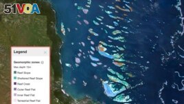 This Sept. 1, 2021, screen grab provided by the Allen Coral Atlas shows a map of the Great Barrier Reef in Australia. (Allen Coral Atlas via AP)