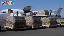 Workers unload aid shipment from a plane at the Sana'a airport, Yemen, Nov. 25, 2017. 