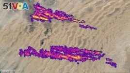 Imaging of 12 plumes of methane east of Hazar, Turkmenistan, captured by NASA's orbital imaging spectrometer. (Google Earth/Landsat/Copernicus/NASA/JPL-Caltech/Handout via REUTERS )