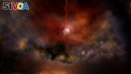 An artist's conception of a neutron star with an ultra-strong magnetic field, called a magnetar, emitting radio waves (red). Magnetars are a leading candidate for what generates phenomena called fast radio bursts. (Bill Saxton, NRAO/AUI/NSF/Handout via REUTERS)