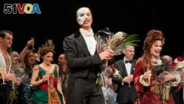 The Phantom of the Opera cast on stage after the final performance of the famous Broadway show in New York City, on April 16, 2023. (Photo by Charles Sykes/Invision/AP)