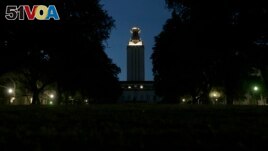 A nighttime view of the University of Texas campus in Austin.