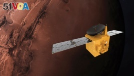This June 1, 2020, rendering provided by Mohammed Bin Rashid Space Centre shows the Hope probe. The U.S., China and the United Arab Emirates are sending spacecraft to Mars in quick succession beginning this week.