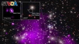 This annotated image provided by NASA on Nov. 6, 2023, shows a composite view of data from NASA's Chandra X-ray Observatory and James Webb Space Telescope indicating a growing black hole just 470 million years after the big bang. (NASA via AP)