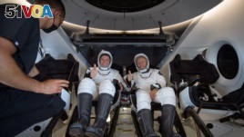 NASA astronauts Robert Behnken, left, and Douglas Hurley are seen inside the SpaceX Crew Dragon Endeavour spacecraft onboard the SpaceX GO Navigator recovery ship shortly after having landed in the Gulf of Mexico off the coast of Pensacola, Florida, Sunday, Aug. 2, 2020. (NASA)
