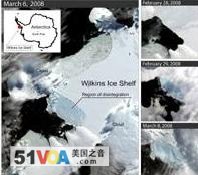 These satellite images show the Wilkins Ice Shelf as it began to break up. The large image is from March 6; the images at right, from top to bottom, are from February 28, February 29 and March 8.