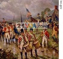 British general John Burgoyne surrenders at Saratoga, New York, in October 1777, as painted by Percy Moran