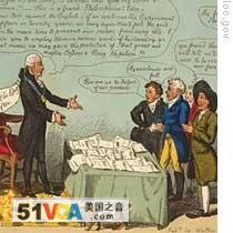 A British cartoon in which President Jefferson, left, is defending his embargo policy