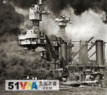 The USS West Virginia burns during the attack on Pearl Harbor