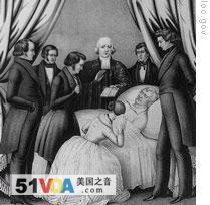 A drawing of William Henry Harrison's death bed