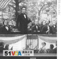 Detail of a painting by Robert Marshall of the Lincoln-Douglas debate at Charleston, Illinois
