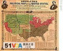 A map of the United States from 1856. Slave states are shown in gray, free states in pink and territories in green.