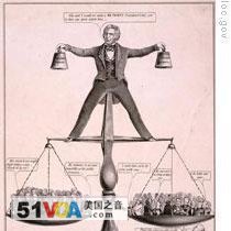 An 1850 cartoon of Zachary Taylor trying to balance southern and northern interests on the question of slavery