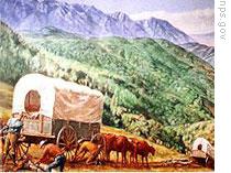 Settler wagons enter the valley of the Great Salt Lake in Utah