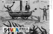 A political cartoon showing James Polk, on the far right, welcoming the arrival of Texas , shown as a boat