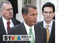 House Minority Leader John Boehner, second from left, speaks to reporters outside the White House 23 Jan. 2009 