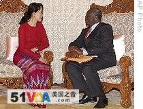 Burma's detained opposition leader Aung San Suu Kyi and Ibrahim Gambari, U.N. special envoy to Burma, during their meeting at the state guest house in Rangoon, Burma (2008 file)