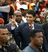 Opposition leader Andry Rajoelina arrives at a rally in Antananarivo, Madagascar, 17 Mar 2009