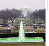 Water in the White House South Lawn fountain is green-colored in honor of St. Patrick's Day, 17 Mar 2009