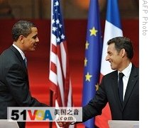 US President Barack Obama and French President Nicolas Sarkozy shake hands at start of press conference at Palais Rohan, in Strasbourg, 03 Apr 09