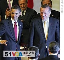 Pres. Obama, Turkish PM Erdrogan walk after the president's address to Turkish parliament's General Assembly, 06 Apr 2009 in Ankara