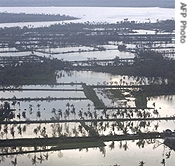 Aerial view of Burma's Irrawaddy Delta area devastated by Cyclone Nargis, 23 May 2008