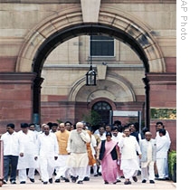 Lawmakers led by Bharatiya Janata Party leader L.K. Advani (C) leave meeting with Indian Pres. to protest alleged capitulation to Pakistan,  New Delhi, 28 Jul 2009