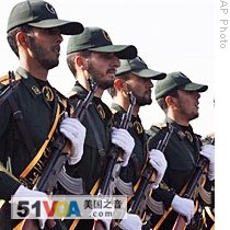 Iranian Revolutionary Guards members march during a parade ceremony outside Tehran (file photo)