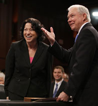 Judge Sotomayor talks with top Republican on the Senate judiciary Committee Jeff Sessions before Thursday's hearing