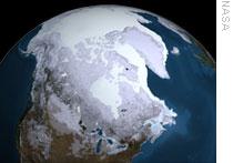 NASA satellite data shows the maximum Arctic sea ice cover for 2008-09 as the fifth lowest in six years