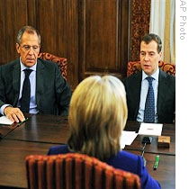 Russia's Pres. Dmitry Medvedev and FM Sergei Lavrov meet with US Sec. of State Hillary Clinton at Barvikha, outside Moscow, 13 Oct 2009