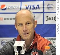 Coach Bob Bradley talks to reporters during post-game press conference, 14 Oct 2009