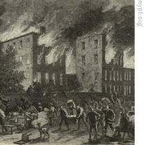 The burning of an orphanage for black children during the riots in New York 
