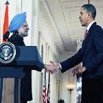 President Barack Obama shakes hands with Prime Minister Manmohan Singh of India  after a press conference a the White House,  24 Nov 2009 