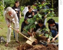Jane Goodall and Roots & Shoots members plant trees