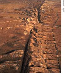An aerial image of the San Andreas fault from Carrizo Plain in central California