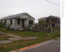A damaged house in New Orleans sits abandoned