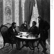 President Grant with advisers signing a bill restricting the Ku Klux Klan