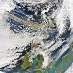 The volcanic ash plume from Iceland, extending across the Great Britain and the north of Europe, 15 Apr 2010
