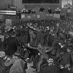Disorder on the floor of the New York Stock Exchange in May 1893.  The failure of a railroad and other companies started panic selling 