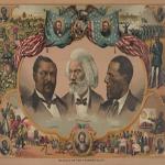 Douglass is prominent on this 1881 lithograph, Heroes of the Colored Race. The others are U.S. senators Blanche Kelso Bruce (left) and Hiram Revels (right).