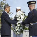 President Barack Obama lays a wreath at the Pentagon Memorial, marking the ninth anniversary of the September 11 attacks, 11 Sep 2010