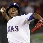 Texas Rangers' Neftali Feliz pitches against the New York Yankees in the ninth inning of Game 6 of baseball's American League Championship Series in Arlington, Texas, 22 Oct 2010
