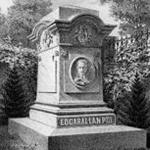Litho-graph of Edgar Allan Poe's Mem-orial Grave in Balt-imore, Mary-land. 