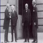 Left to right: Britain's Prime Minister David Lloyd George, Italy's Premier Vittorio Orlando, France's Premier Georges Clemenceau, and President Woodrow Wilson on  June 28, 1919. 