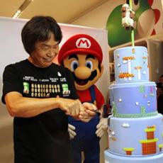 Nintendo game programmer Shigeru Miyamoto celebrates the 25th anniversary of the Super Mario Brothers at an event in New York in November