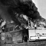 This Freedom Rider bus went up in flames when a fire bomb was tossed through a window near Anniston, Alabama in 1961