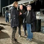Left to right: Chris Hemsworth (as Thor), Stellan Skarsg?rd (as Selvig), and director Kenneth Branagh discuss a scene on the set of THOR, from Paramount Pictures and Marvel Entertainment.
